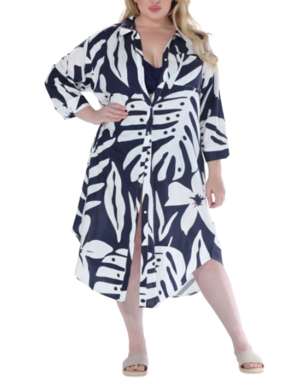 Raviya Plus Size Printed Button-Down MIDI Cover-up Dress Swim Size 1X 12070